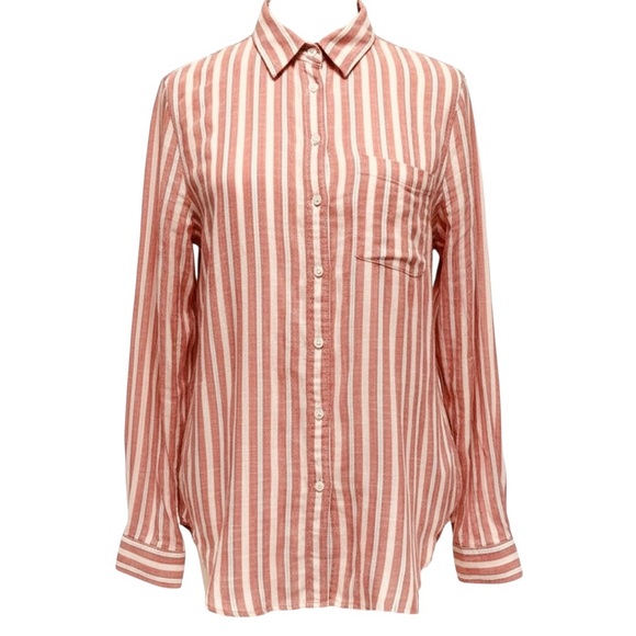 Lucky Brand Women’s Coral Cream Blue Pinstripe Button Down Shirt Large Top - Picture 2 of 6